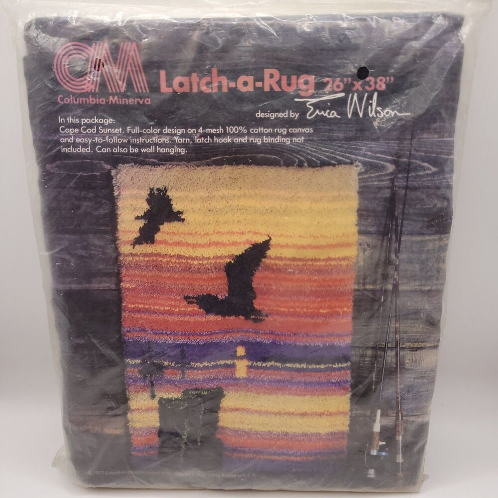 Vtg Columbia-Minerva Latch-a-Rug Erica Wilson 1977 Cape Cod Sunset 26x38 Sealed